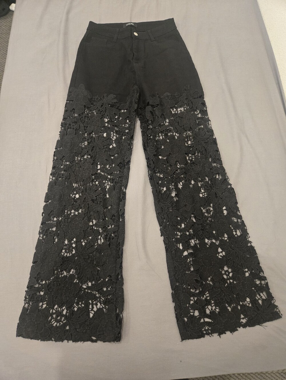 Black Floral Crochet Wide-Leg Pants